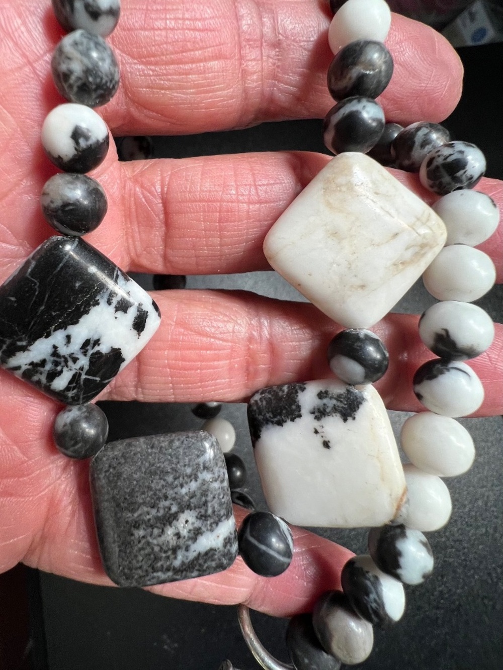 Black White Jadeite Geometric  Stone Round Bead Toggle Necklace